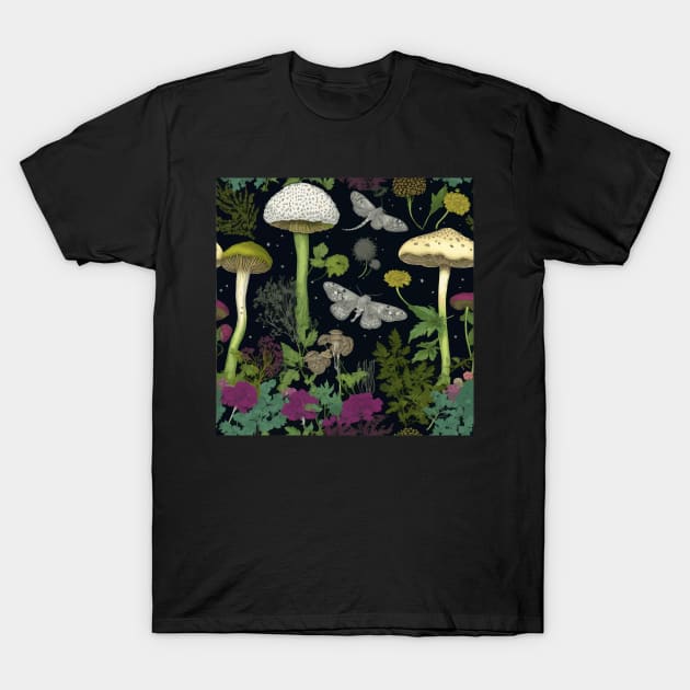 Mystery Night Garden with Mushrooms Moths and Hemlock T-Shirt by bragova